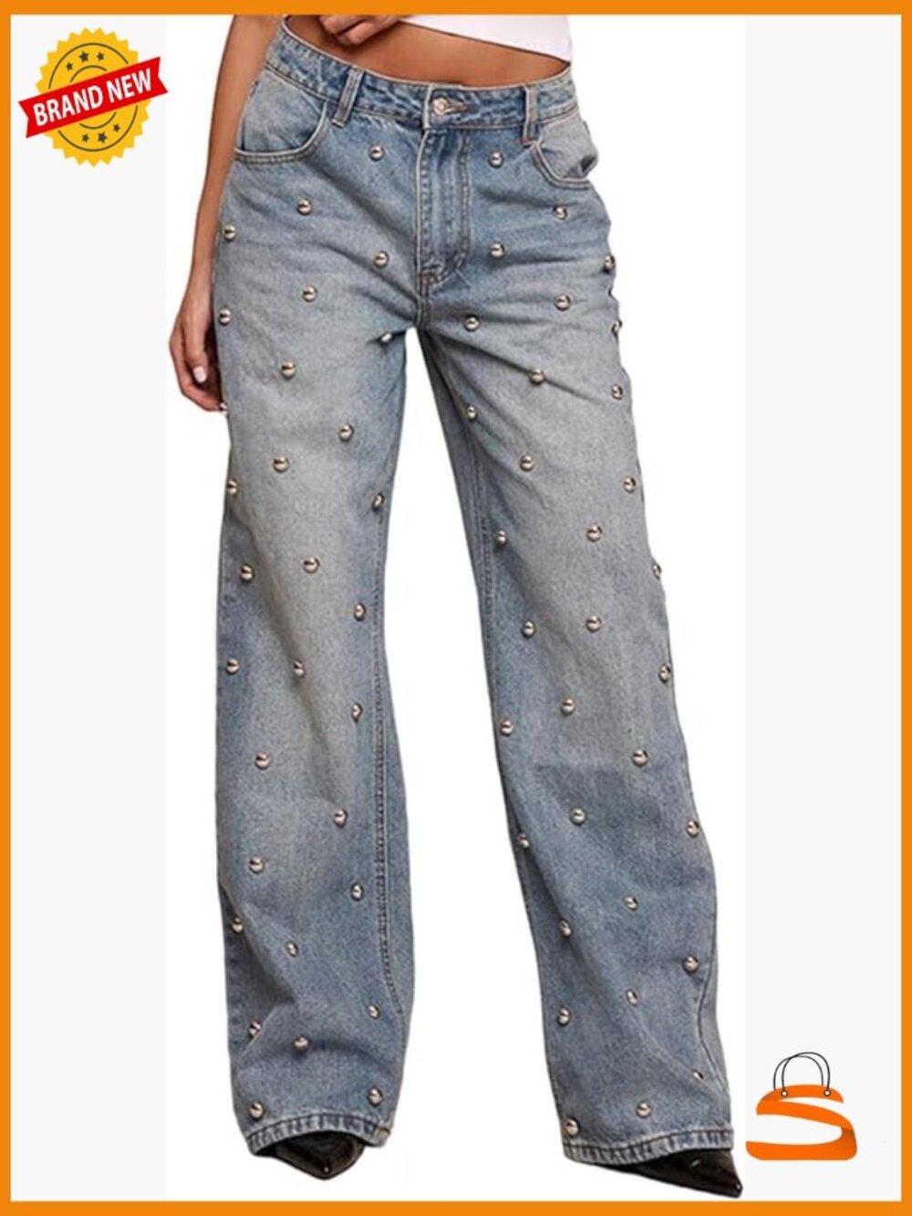 Y2K High Waist Wide Leg Jeans Rhinestone Glitter Bling Baggy Stretch Denim Pants